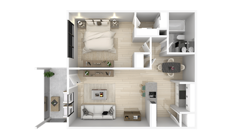 A 3D floor plan of a small apartment with a living room, kitchen, and bedroom.